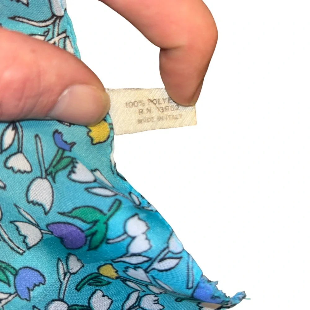 Vintage 70s Italian Floral Square Scarf Teal Purple Yellow‎ Tulip Print